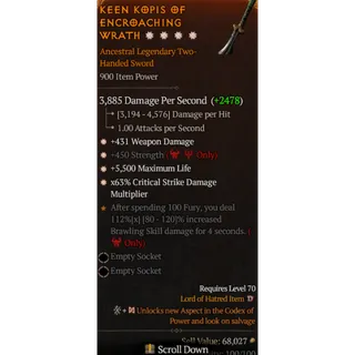  Two Handed Sword 4GA 431 Weapon damage 450 Strength 5500 Max life 63% Critical damage  Diablo 4 S13