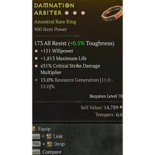  Ring 3GA 151 Willpower 1813 Life 31% Critical damage Diablo 4 S13