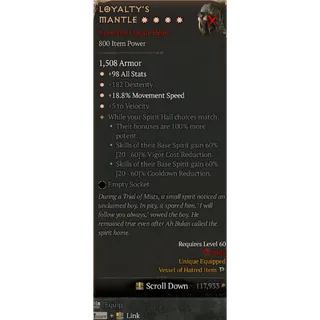 S11 Loyalty's Mantle 4GA Special affix max roll 60% Diablo 4