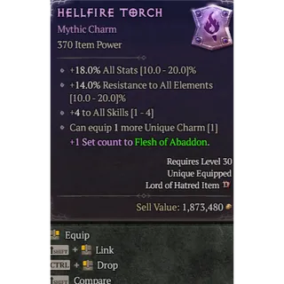 Warlock Hellfire Torch Mythic Charm 4 To All Skills Diablo 4 S15