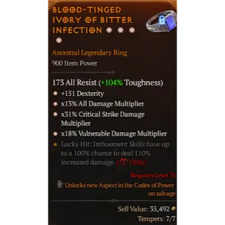 Ring 4GA Dexterity All Damage Critical Damage Vulnerable Damage Diablo 4 S13
