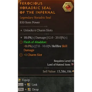Warlock Horadric Seal 18% Damage 8% Hellfire Skills Damage Diablo 4 S15