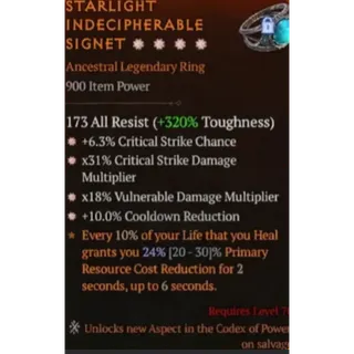 Ring 4GA Critical Chance Critical Damage Vulnerable Damage CDR Diablo 4 S14 Season 14
