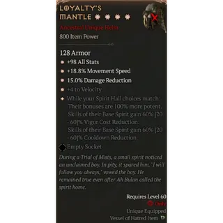 S11 Loyalty's Mantle 4GA Special affix max roll 60% Diablo 4