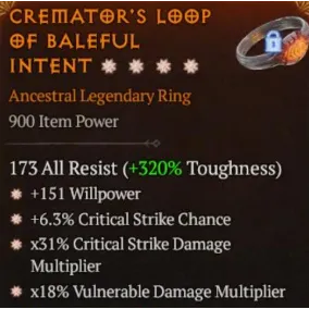 Ring 4GA Willpower Critical Chance Critical Dmg Vulnerable Dmg Diablo 4 S14