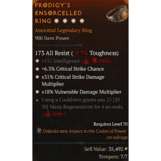 Ring 4GA Intelligence Critical Chance Critical Damage  Vulnerable Damage Diablo 4 S14