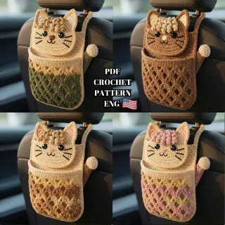 Crochet cat car organizer PDF amigurumi pocket toy pattern for cat lovers easy step by step crochet guide