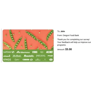 $ 40.00 USD $ 40.00 USD SAFEWAY E-GIFT CARD FROM OREGON FOOD BANK