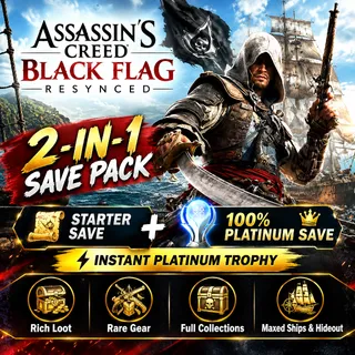 PS5 Assassin's Creed Black Flag Resynced | 2 Save Pack | Starter Hideout & Platinum 100% Saves | Maxed Jackdaw