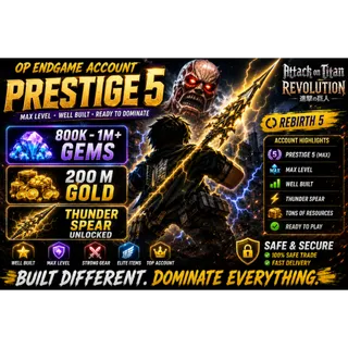 ⚡AOTR Prestige 5 ID⚡ Thunder Spear | 800K-1M Gems | 200M Gold | ready to play