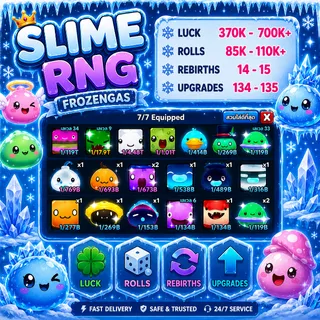 ❄️ SLIME RNG ACCOUNT ❄️ 370K-700K+ LUCK 🍀 | 85K-110K+ ROLLS 🎲 14-15 REBIRTHS 🔥 | MAX UPGRADES 💎 FAST DELIVERY ⚡ FROZENGAS