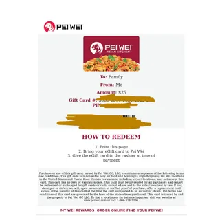 $25.00 PEI WEI GIFTCARD