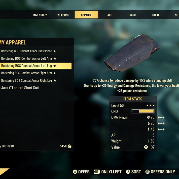 Apparel BoS Bolstering Sentinel Armor set full Fallout 76 Game