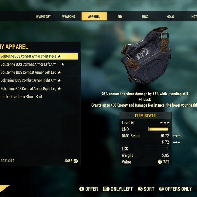 Apparel BoS Bolstering Sentinel Armor set full Fallout 76 Game