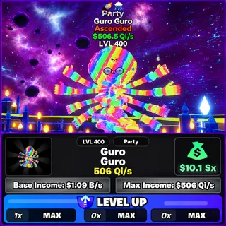 MAXED 506.5 Qi/s Party Guro Guro Ascended 2 Traits LVL 400 Go Up Brainrot