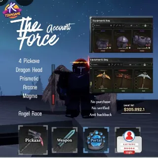 Account | The Forge 4 pickaxe(Dragon head, Prismatic, Arcane, Magma) | Angel Race