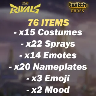 Marvel Rivals Twitch Drops - ALL POSSIBLE DROPS 76 Items | 15 COSTUMES + 61 PLATES / SPRAYS / EMOTES / OTHER 