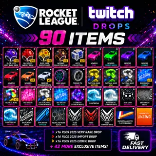 Rocket League - 90 Items Twitch Drops - x16 (Exotic, Very Rare & Import) + Affluenter + 35 More