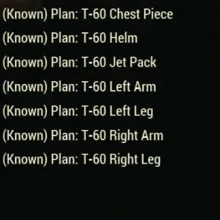 All 5 T-60 Power Armor Plans ( Left Arm, Left Leg, Chest Piece, Right Arm, Right Leg, Helmet)