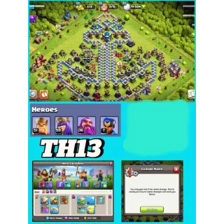 Clash of clans account✓TH13✓MAX WALL✓ BK51 AQ59 GW36 RC7