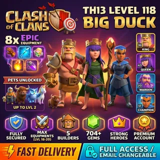 🔥 Clash of Clans TH13 | XP 118 | High Epic Equipments Lvl 18-20 | Pets | Full Access | Fast Delivery [LS-000205]