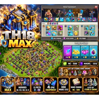 🔥 Clash of Clans TH18 MAX | 11 Pets | 4 Epic Equipment | Heroes 18/23/40/8/5 | XP 122 | Fast Delivery [LS-000182]
