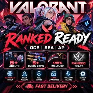 🔥 VALORANT RANKED READY | 5+ BONUS SKINS + KNIFE | OCE/SEA/AP | FA | Email Changeable | Fast Delivery [LS-000103]