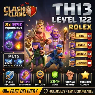 🔥 Clash of Clans TH13 | XP 122 | 6 Builders | K48 Q51 W24 RC10 | Epic Equipments | Full Access | Fast Delivery [LS-000204]