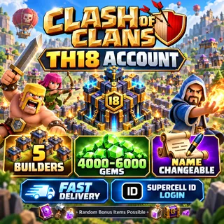 🔥 Clash of Clans TH18 Account | 4000-6000 Gems | 5 Builders | Name Changeable | Supercell ID | Fast Delivery [LS-000104]
