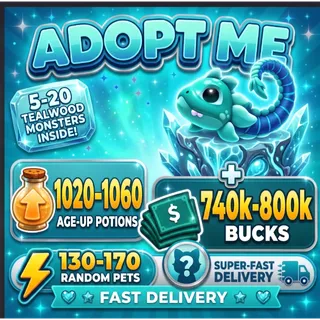 🧪 1020–1060 Age-Up Potions + 💵 740K–800K Bucks | With 5–20 Tealwood Monsters | +130–170 Random Legit Pets | Adopt Me Account