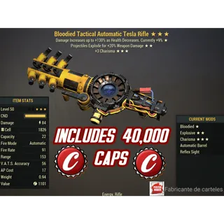 BE3C Tesla Rifle ( bloodied / explosive / +3 charisma ) + AMMO + Caps 