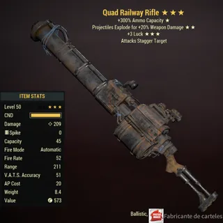 QE3L Rifle Railway ( Quad / explosive / +3 LUCK ) + 40,000 caps + 10k ammo