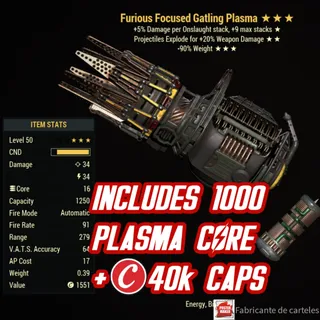 FE90 Gatling Plasma ( Furious / Explosive / -90% reduce weight ) + 40,000 caps + Ammo 