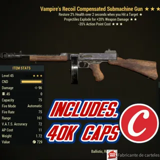 Ve35 Submachine gun ( vampire's / explosive / -35% action point cost ) + 40,000 caps 
