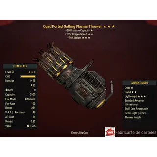 Q2590 Gatling Plasma ( QUAD / +25% WEAPON SPEED / -90% REDUCE WEIGHT ) + 40,000 CAPS + 2000 PLASMA CORE
