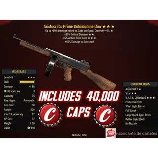A5035 Submachine gun ( Aristocrat's / +50% critical damage / -35% action point cost ) + 40,000 caps 