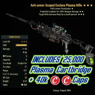 Anti Armor Explosive Enclave Plasma Rifle + 40,000 CAPS + 25000 PLASMA CARTBRIDGE