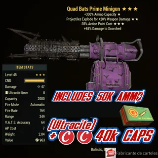 QE35 Minigun ( Quad / explosive / -35% action point cost) + 40,000 caps + 50,000 AMMO 