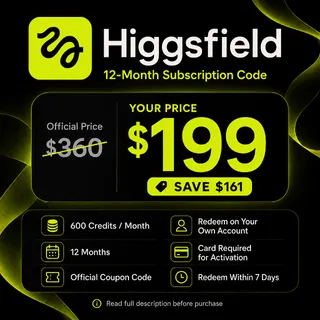 Higgsfield AI 12-Month Subscription Code | 600 Credits/Month | Official Coupon