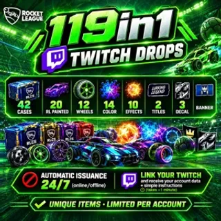 119in1🟦Twitch Drops🟦42 CASES,20 RL Painted,12 WHEELS,14COLOR,1 0EFFECTS, 2TITLES, 3DECAL, BANNER  - Rocket League Twitch Drops
