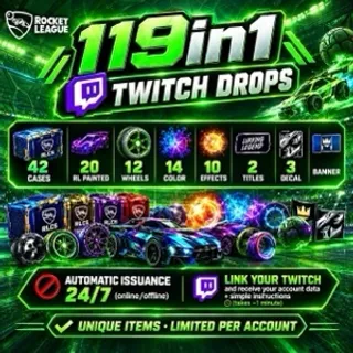 119in1🟦Twitch Drops🟦42 CASES,20 RL Painted,12 WHEELS,14COLOR,1 0EFFECTS, 2TITLES, 3DECAL, BANNER  - Rocket League Twitch Drops