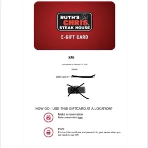 $50.00 Ruth Chris gift card 