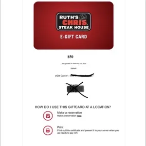 $50.00 Ruth Chris gift card 
