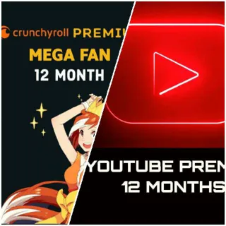 Crunchyroll Premium Mega Fan + Youtube Premium 12 Months Memberships