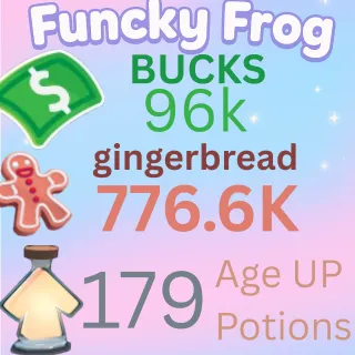 776.6 k ,GINGERBREAD , 96 k bucks,  179 ageup portions. ADOPT ME , AGEUP AND BUCKS
