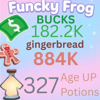 884k ,GINGERBREAD , 182.2 k bucks,  327 ageup portions. ADOPT ME , AGEUP AND BUCKS