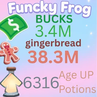 38.3M ,GINGERBREAD , 3.4M bucks, 6316 ageup portions. ADOPT ME , AGEUP AND BUCKS