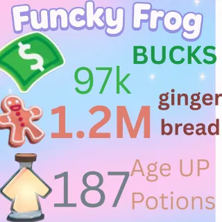 1.2M ,GINGERBREAD , 97k bucks,  187 ageup portions. ADOPT ME , AGEUP AND BUCKS