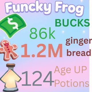 1.2M ,GINGERBREAD , 86 k bucks,  124 ageup portions. ADOPT ME , AGEUP AND BUCKS