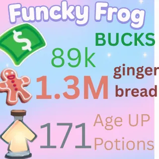 1.3M ,GINGERBREAD , 89k bucks,  171 ageup portions. ADOPT ME , AGEUP AND BUCKS